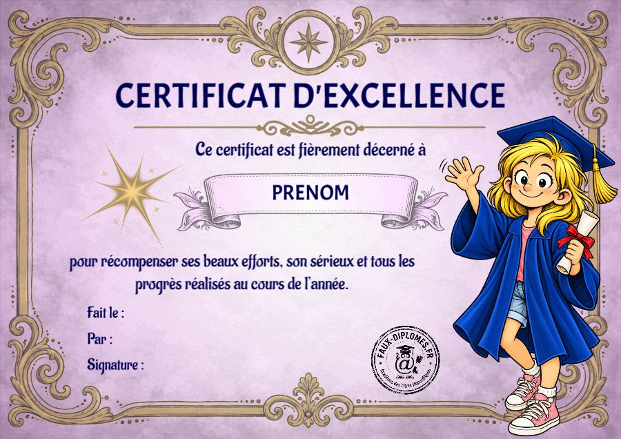 Autre version du diplôme Certificat d'excellence