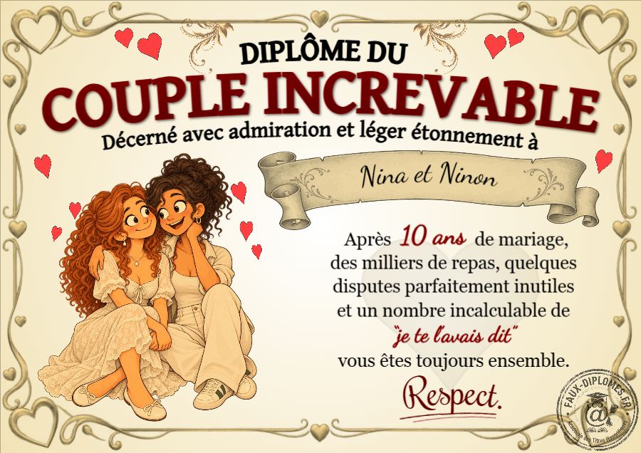 Autre version du diplôme Diplôme du couple increvable Femme-Femme