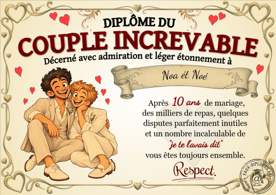 Autre version du diplôme Diplôme du couple increvable Homme-Homme