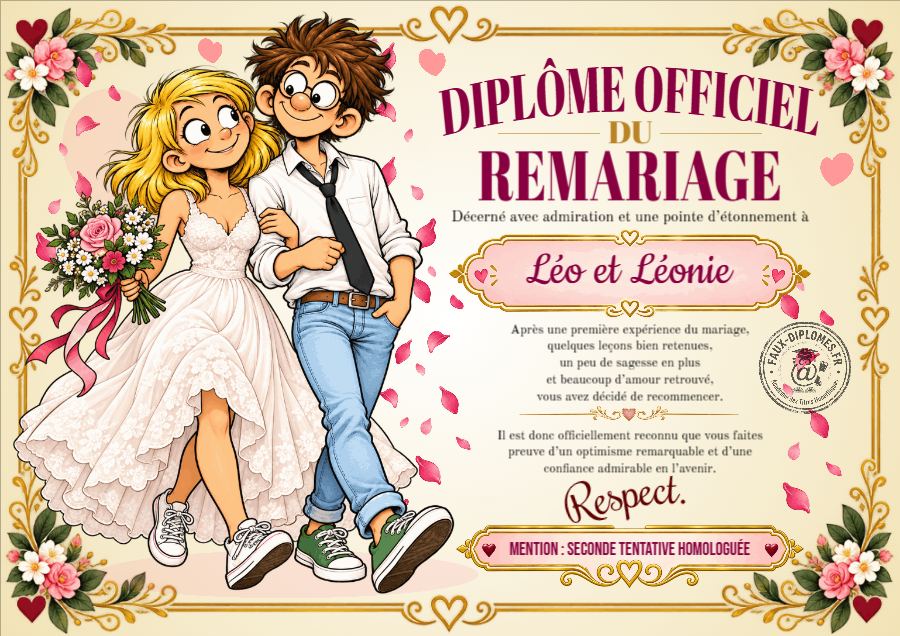 Aperçu du diplôme Diplôme officiel du remariage