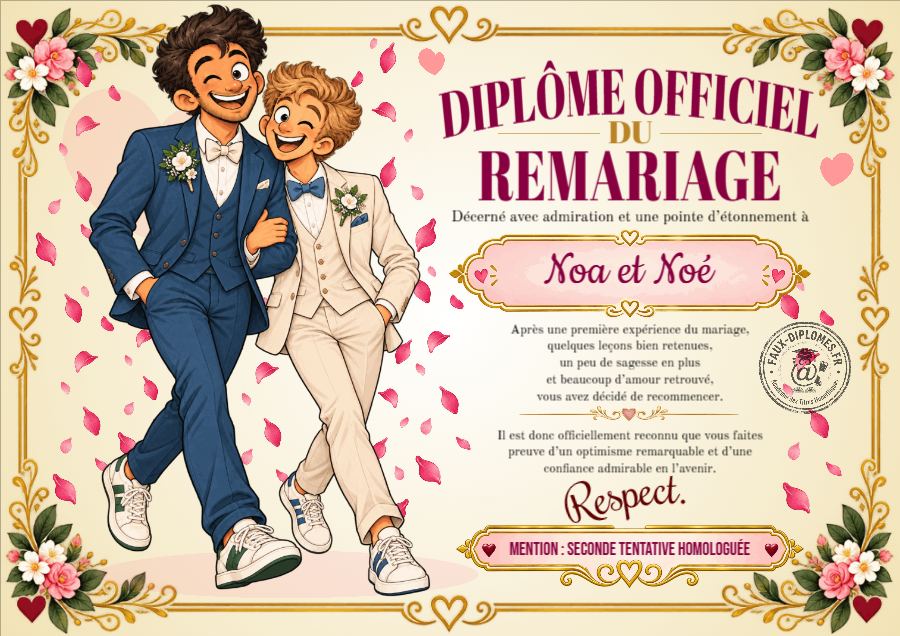 Aperçu du diplôme Diplôme officiel du remariage