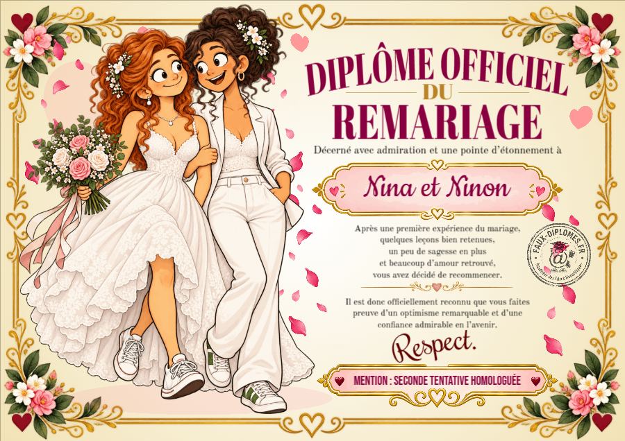 Aperçu du diplôme Diplôme officiel du remariage Femme-Femme