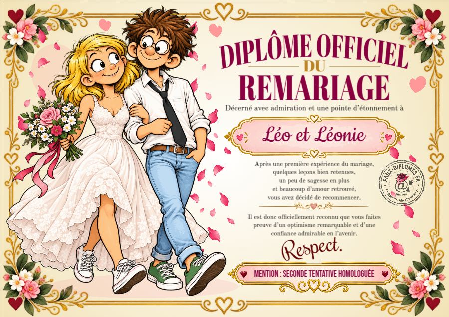 Autre version du diplôme Diplôme officiel du remariage Femme-Homme