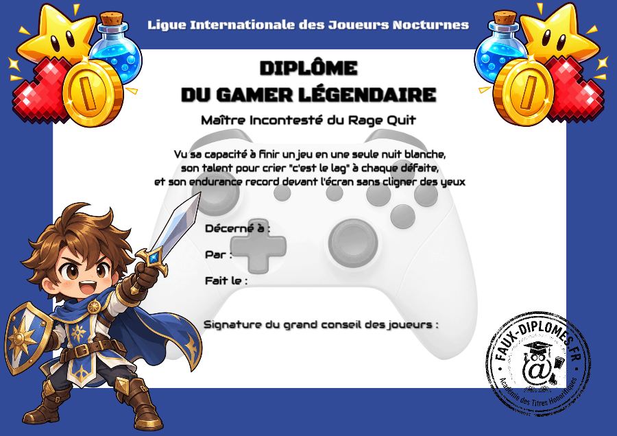 Aperçu du diplôme Le gamer légendaire