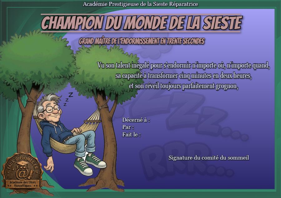 Aperçu du diplôme Champion du Monde de la Sieste