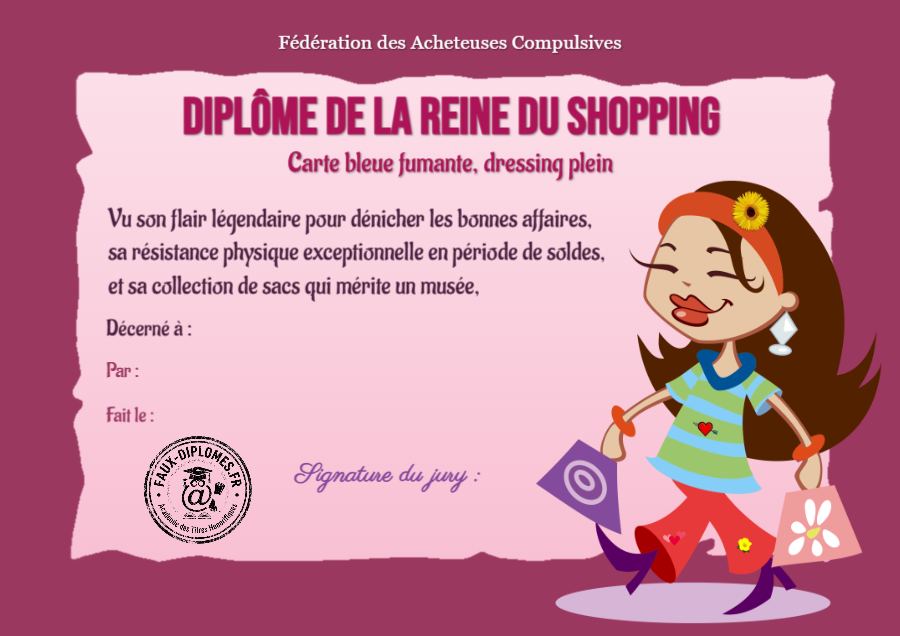 Aperçu du diplôme Reine du shopping