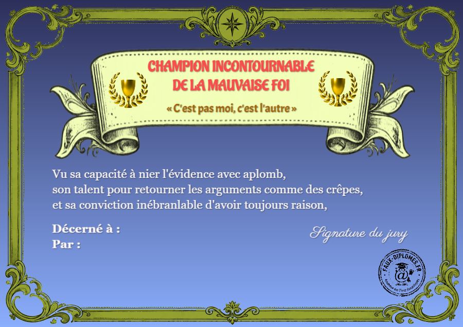 Aperçu du diplôme Champion de la mauvaise foi