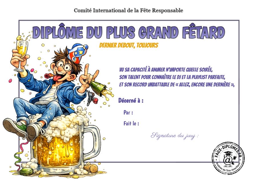 Aperçu du diplôme Le plus grand fêtard