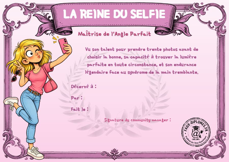 Aperçu du diplôme La reine du selfie
