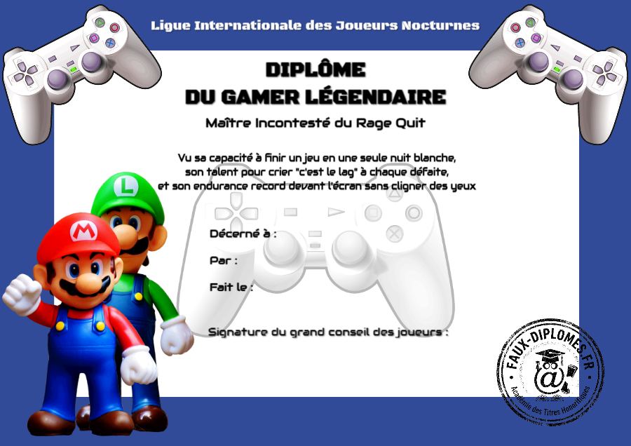 Aperçu du diplôme Diplôme du gamer légendaire
