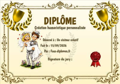 Modèle aux teintes jaunes, avec un cadre élégant à arabesques et une illustration « Le mariage de Léo et Léonie »