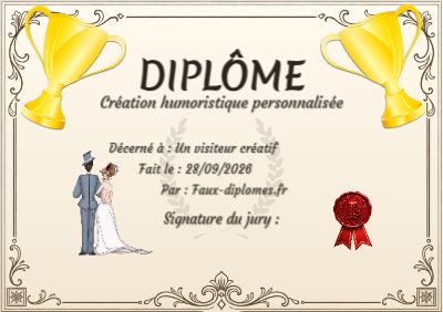 Diplôme sur fond jaune clair, avec un cadre orange ancien à volutes et ornements et une illustration « Couple d'antan »