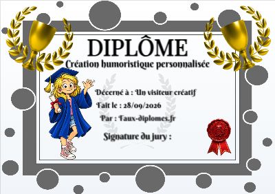 Diplôme sur fond blanc, avec un cadre gris à bulles et une illustration « Léonie enfant, diplômée »