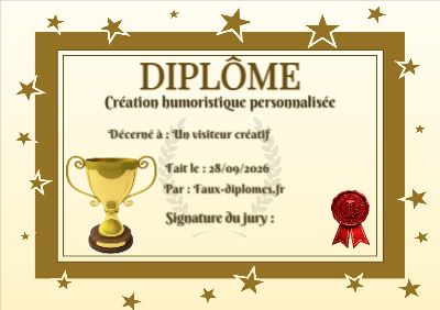 Diplôme aux teintes jaunes, avec un cadre étoilé et une illustration « Trophée »
