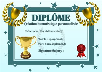 Diplôme aux teintes turquoise, avec un cadre étoilé et une illustration « Trophée »