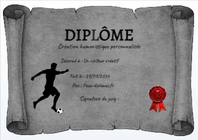 Diplôme sur fond blanc, avec un cadre gris parchemin enroulé et une illustration « Footballeur »