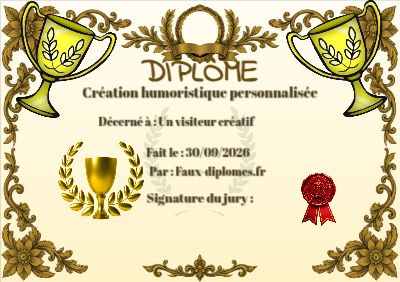 Diplôme aux teintes jaunes, avec un cadre floral à arabesques et une illustration « Trophée »
