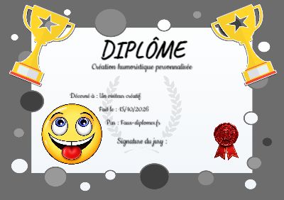 Diplôme sur fond blanc, avec un cadre gris à bulles à large bordure et une illustration « Smiley qui tire la langue »
