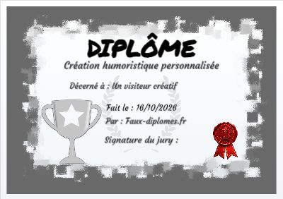 Diplôme sur fond blanc, avec un cadre gris aux bords effet peinture et une illustration « Trophée »