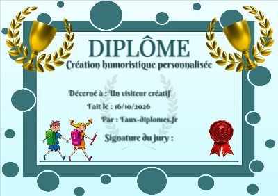 Diplôme aux teintes turquoise, avec un cadre à bulles et une illustration « Deux écoliers sur le chemin de l'école »