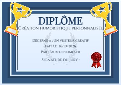 Diplôme aux teintes bleues, avec un cadre double liseré et un trophée