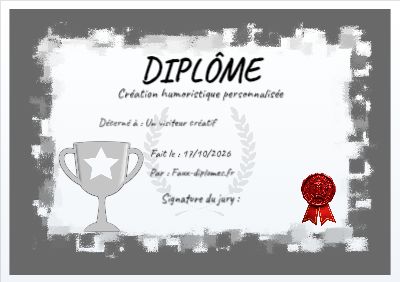 Diplôme sur fond blanc, avec un cadre gris aux bords effet peinture et une illustration « Trophée »