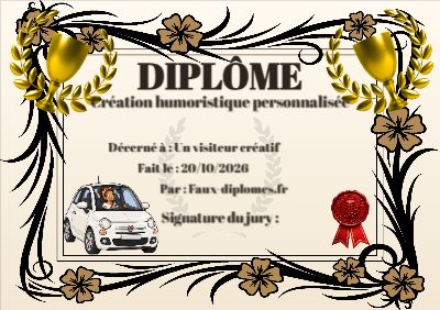 Diplôme sur fond jaune clair, avec un cadre orange fleurs d’hibiscus et une illustration « Maya conduit sa voiture »