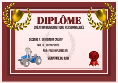 Diplôme aux teintes rouges, avec un cadre double liseré et une illustration « Bonhomme blanc sur un tracteur bleu »