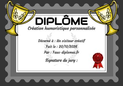 Diplôme sur fond blanc, avec un cadre gris ondulé et un trophée
