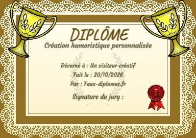 Diplôme aux teintes jaunes, avec un cadre dentelle et un trophée