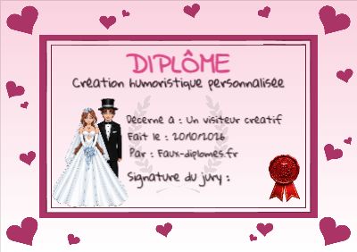 Diplôme aux teintes roses, avec un cadre cœur romantique et une illustration « Couple de mariés »