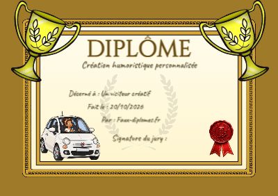 Diplôme aux teintes jaunes, avec un cadre double bordure tressée et une illustration « Maya conduit sa voiture »