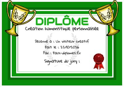 Diplôme sur fond blanc, avec un cadre vert double liseré et un trophée