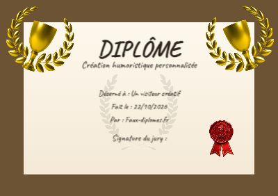 Diplôme sur fond jaune clair, avec un cadre orange épais et un trophée