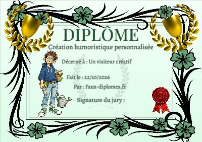 Diplôme aux teintes vertes, avec un cadre fleurs d’hibiscus et une illustration « Léo jardine »