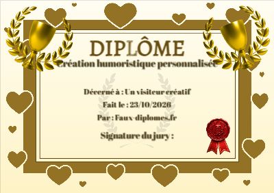 Diplôme aux teintes jaunes, avec un cadre pluie de cœurs et un trophée