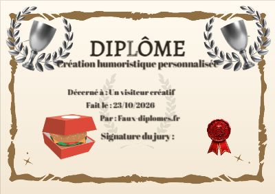Diplôme sur fond jaune clair, avec un cadre orange aux bords irréguliers étoilés et une illustration « Hamburger dans sa boite »