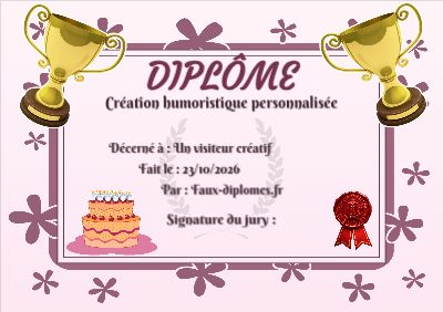 Diplôme aux teintes roses, avec un cadre floral fantaisie et une illustration « Gateau d'anniversaire »