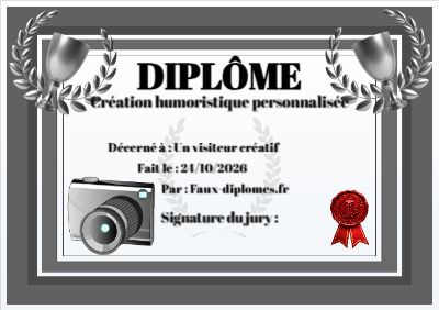 Diplôme sur fond blanc, avec un cadre gris double liseré et une illustration « Appareil photo »