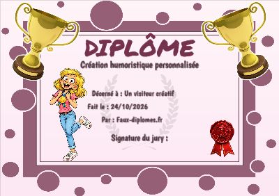 Diplôme aux teintes roses, avec un cadre à bulles et une illustration « Léonie reçoit une médaille »