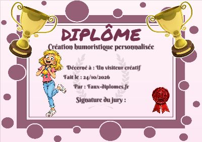 Diplôme aux teintes roses, avec un cadre à bulles et une illustration « Léonie reçoit une médaille »