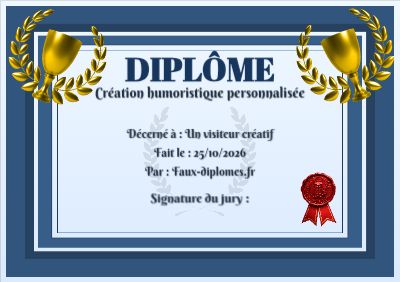 Diplôme aux teintes bleues, avec un cadre double liseré et un trophée