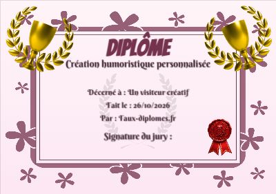 Diplôme aux teintes roses, avec un cadre floral fantaisie et un trophée