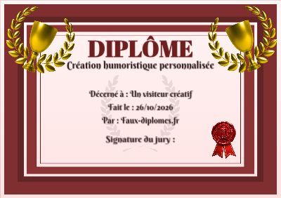 Diplôme aux teintes rouges, avec un cadre double liseré et un trophée