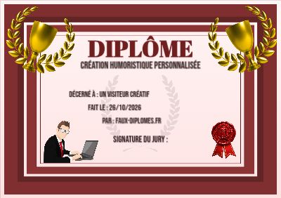 Diplôme aux teintes rouges, avec un cadre double liseré et une illustration « Informaticien »
