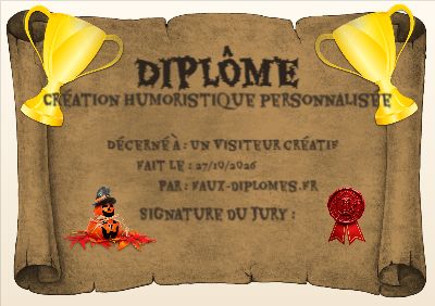 Diplôme sur fond jaune clair, avec un cadre orange parchemin enroulé et une illustration « Citrouilles pour Halloween »