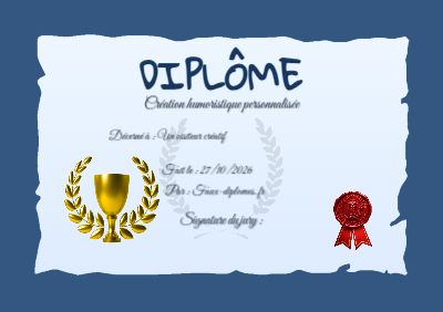 Diplôme aux teintes bleues, avec un cadre parchemin et une illustration « Trophée »