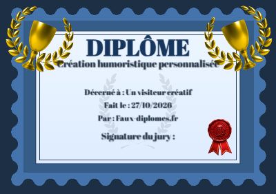 Diplôme aux teintes bleues, avec un cadre ondulé et un trophée