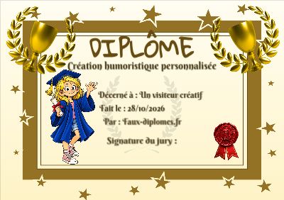 Diplôme aux teintes jaunes, avec un cadre étoilé et une illustration « Léonie enfant, diplômée »