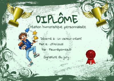 Diplôme aux teintes vertes, avec un cadre à effet peinture et une illustration « Léo et ses passions »